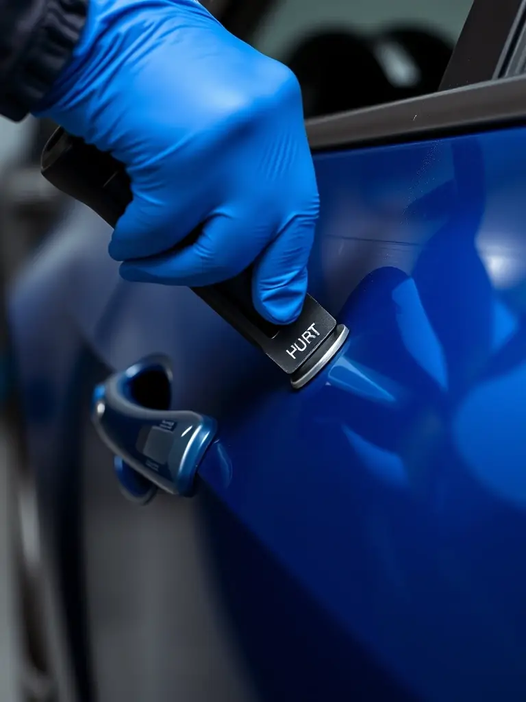A close-up shot of a technician expertly using specialized tools to remove a dent from a car door, highlighting the precision of the dent removal service.