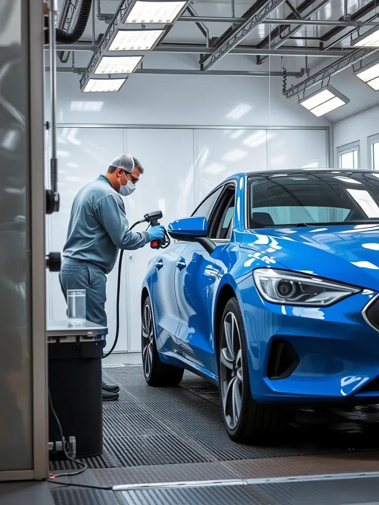 A car undergoing paint restoration in a professional spray booth, showcasing the meticulous process of achieving a flawless paint finish.