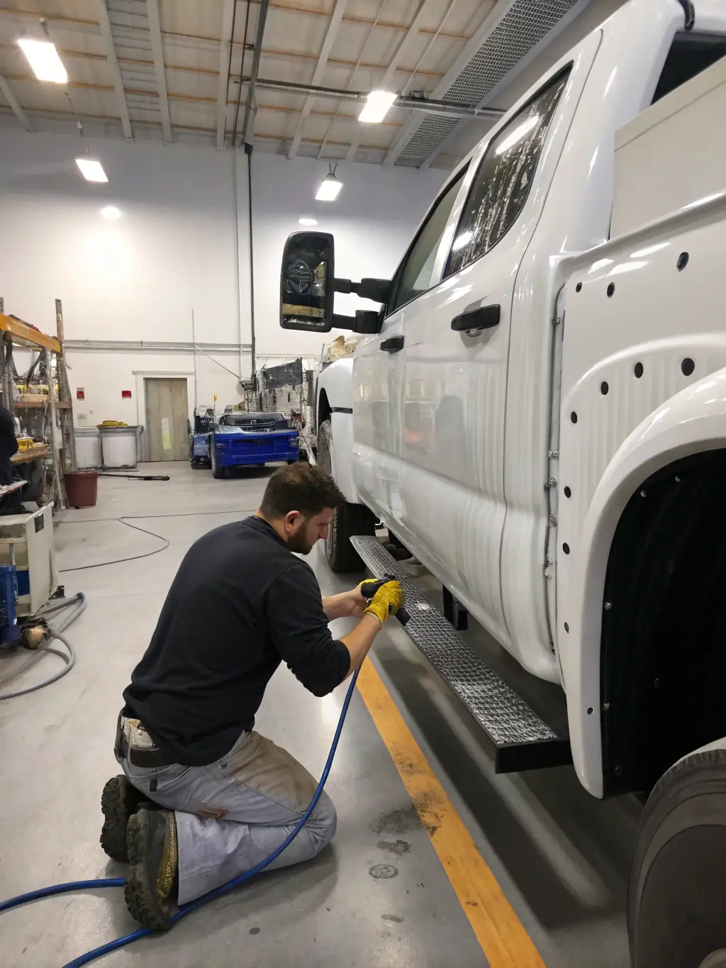 A before-and-after shot of a vehicle with a severely damaged frame being straightened using specialized equipment at Affordable Auto Body Shop, demonstrating their frame straightening service.