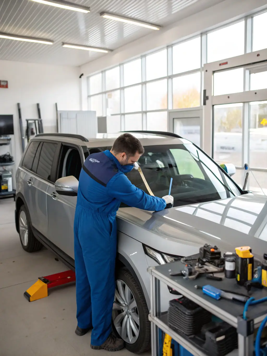 A technician performing auto glass replacement on a car at Affordable Auto Body Shop, showcasing their auto glass repair and replacement services.
