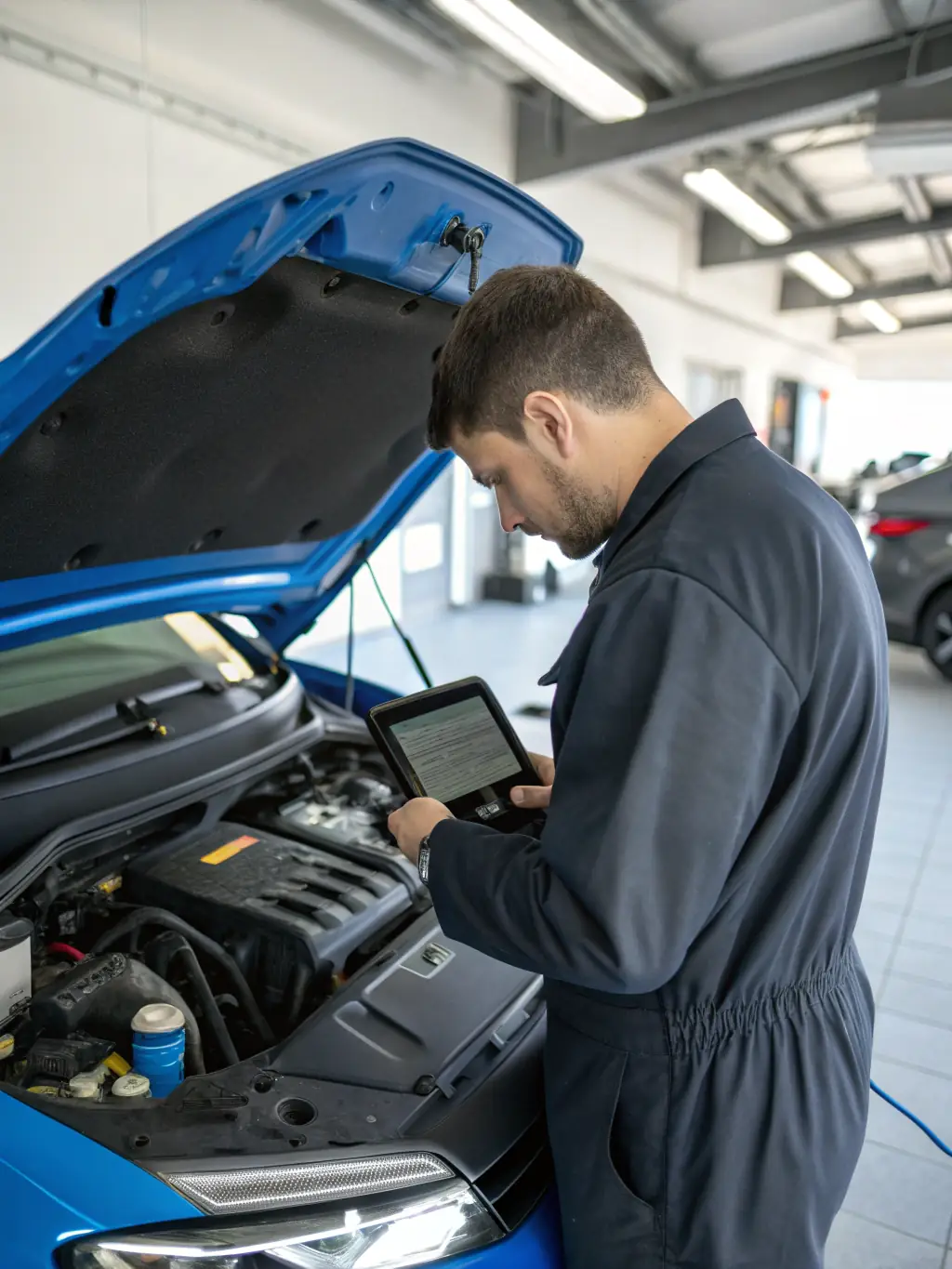 A technician using advanced diagnostic equipment to assess frame damage on a vehicle, emphasizing the precision of the frame straightening service.