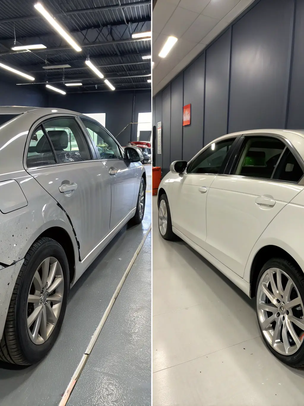 A before-and-after shot of a car with significant collision damage, demonstrating the comprehensive collision repair service provided by the shop.